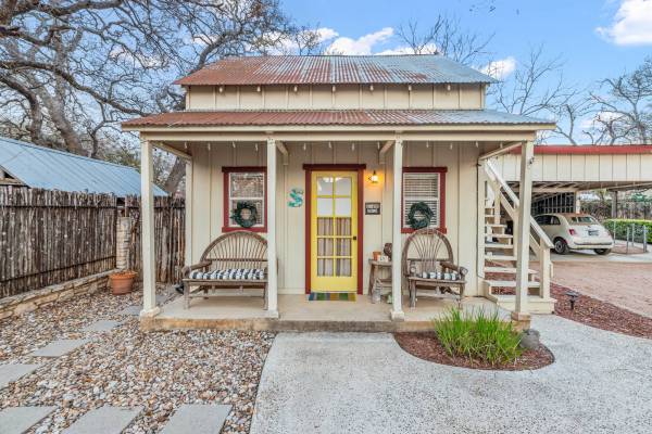 shabby-chic retreat is perfect for couples, small families, or friends looking for a unique getaway in the heart of Texas Hill Country.